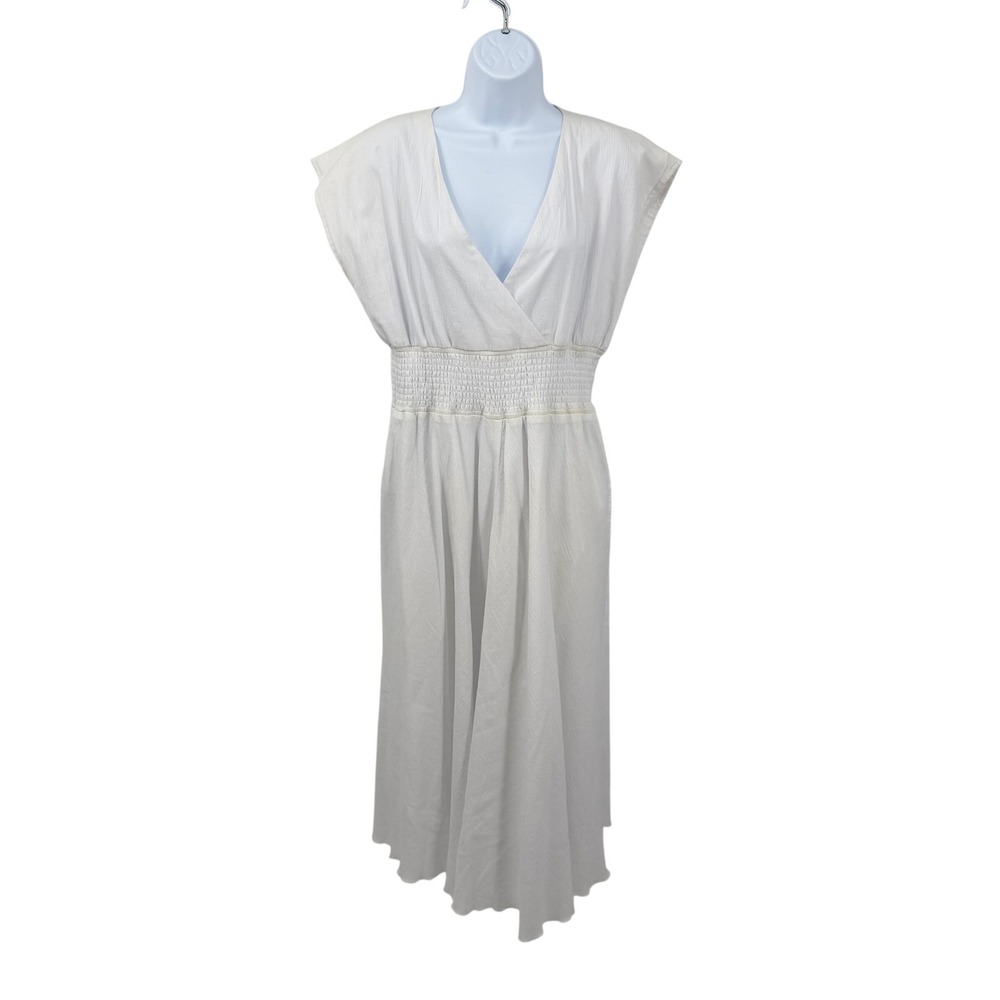 Oleg Cassini Womens L Maxi Dress White Smocked Waist V-Neck Textured Cap Sleeve